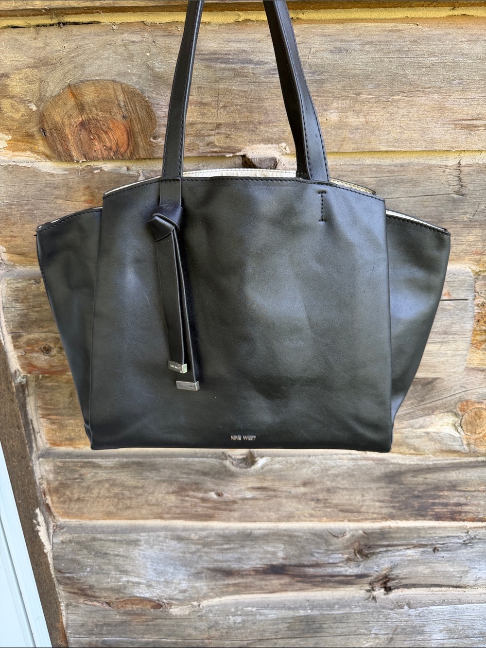 Nine West Large Black Faux Leather Tote with Tassel Accent